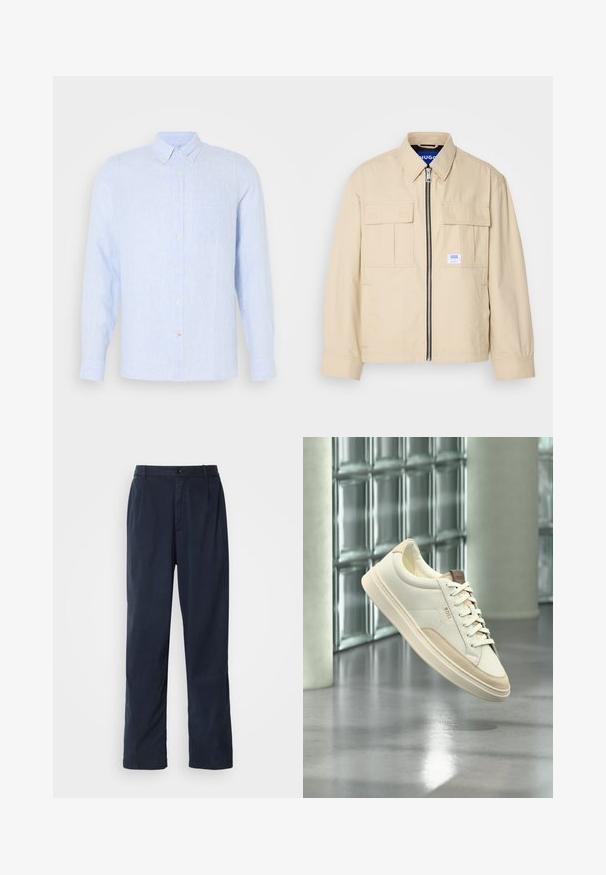 Beige Jacke mit einem Frontreißverschluss, zwei Brusttaschen und einem kleinen Markenetikett. Hergestellt aus einem glatten, leichten Stoff.; Helles blaues Hemd mit Knopfleiste aus strukturiertem Stoff, mit Kragen, langen Ärmeln, einer Brusttasche und subtilen Streifenmustern.; Marineblaue Hose aus Baumwollmischung. Verfügt über einen geraden Schnitt, einen vorderen Knopfverschluss und dezente Falten. Glatte Textur.; Weißer Low-Top-Sneaker mit beigen Akzenten und Schnürsenkeln, markiert mit „BOSS“, schwebt über einem polierten Boden vor einer Glasbausteinwand.