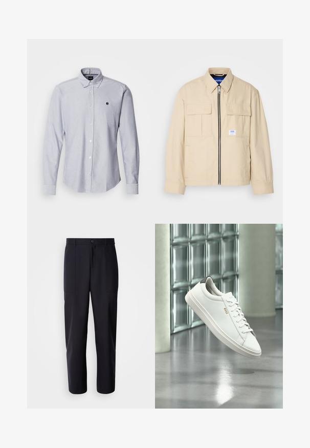 Beige jas met een voorkleurige rits, twee borstzakken en een klein merkembleem. Gemaakt van een gladde, lichtgewicht stof.; Lichtblauw overhemd met lange mouwen, gemaakt van een gestructureerde stof. Voorzien van een klein logo op de linkerborst en standaard manchetten.; Donkerblauwe broek van soepel materiaal, met een rechte pijpdesign, twee zijzakken en een knoopsluiting in de taille.; Witte leren lage sneaker met veters, zwarte hielstrook en "BOSS"-logo, zwevend binnenshuis bij een glazen stenen muur en gepolijste vloer.