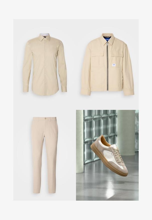 Chaqueta beige con cremallera frontal, dos bolsillos en el pecho y una pequeña etiqueta de marca. Fabricada en una tela suave y ligera.; Camisa de manga larga beige hecha de tela suave. Presenta un cuello clásico y un interior de cuello blanco en contraste con puntos negros.; Pantalones beige hechos de una tela suave, con cierre de botón, corte recto y bolsillos laterales. Textura suave con detalles de costura mínimos.; Zapatilla beige y blanca con suela marrón claro y logo "BOSS", suspendida sobre un suelo liso y reflectante con pared de bloques de vidrio al fondo.