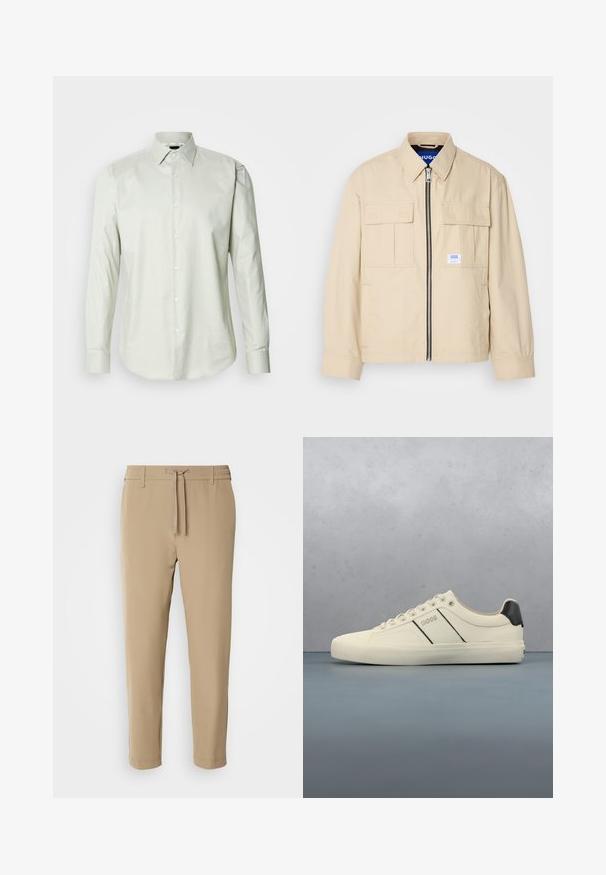 Veste beige avec fermeture éclair à l'avant, deux poches poitrine et une petite étiquette de marque. Fabriquée en tissu lisse et léger.; Chemise à manches longues vert clair, à boutons, avec un col structuré, texture unie et patte de boutonnage à l'avant avec des boutons blancs.; Pantalons beiges fuselés avec une taille élastique et un cordon de serrage. Tissu lisse avec un design épuré et sans motifs ni accessoires visibles.; Baskets de couleur crème avec une texture lisse, dotées d'accents et de marquage noirs. Design classique à lacets avec un bout rond et une semelle en caoutchouc.