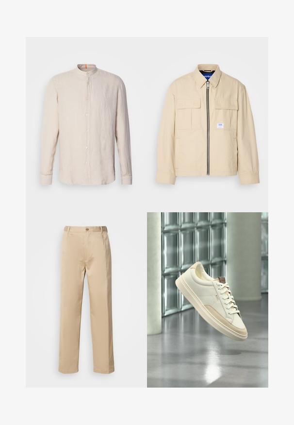 Beige jakk, millel on esiküljel tõmblukk, kaks rinna taskut ja väike brändi silt. Valmistatud siledast, kergest kangast.; Helebeežist linane pikkade varrukatega särk, millel on riba kaelus, ees nupplukustus ja peen tekstuur. Kaeluses oranž aktsent.; Beige püksid, mis on valmistatud kerge materjali, sirge jala disaini, vöökoha, kus on vööaasad, ning ühe esise nupu kinnitusega.; Valge madala säärega tennisejalanõu beežide detailide ja paeltega, brändiga "BOSS", hõljub lakutud põranda kohal klaasplokkidest seinavaatega taustal.