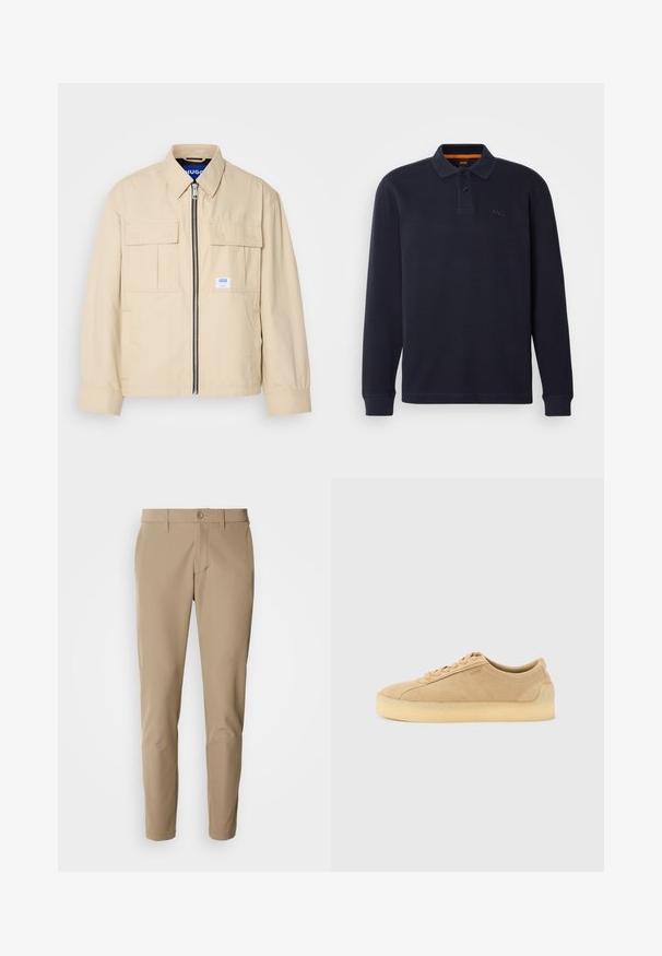 Beige Jacke mit einem Frontreißverschluss, zwei Brusttaschen und einem kleinen Markenetikett. Hergestellt aus einem glatten, leichten Stoff.; Marineblaue langärmelige Poloshirt aus strukturiertem Stoff mit einer Knopfleiste am Hals. Verfügt über ein kleines gesticktes Logo auf der Brust.; Beige Hose aus glattem Stoff mit geradem Schnitt, ausgestattet mit einem Knopfverschluss und frontalen Taschen, ergänzt durch Gürtelschlaufen.; Beiger Wildleder-Sneaker mit flacher Silhouette, dicker Kautschuksohle, Schnürverschluss und dezentem seitlichem Branding vor einem schlichten hellgrauen Hintergrund.
