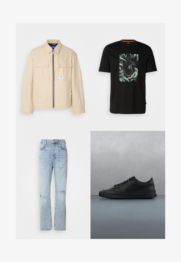 Beige jas met een voorkleurige rits, twee borstzakken en een klein merkembleem. Gemaakt van een gladde, lichtgewicht stof.; Zwarte katoenen t-shirt met een centraal grafisch ontwerp van een panter omringd door bladeren, met een kettingkraag en de tekst "BOSS". Korte mouwen.; Licht gewassen denim jeans met een ontspannen pasvorm, voorzien van versleten plekken en rafelige randen. De stof heeft een zachte, gladde textuur.; Zwarte sneaker met een glad leren bovenwerk, ronde neus, platte veters, gewatteerde kraag en minimalistisch design. Rubberen zool met een subtiel profiel.