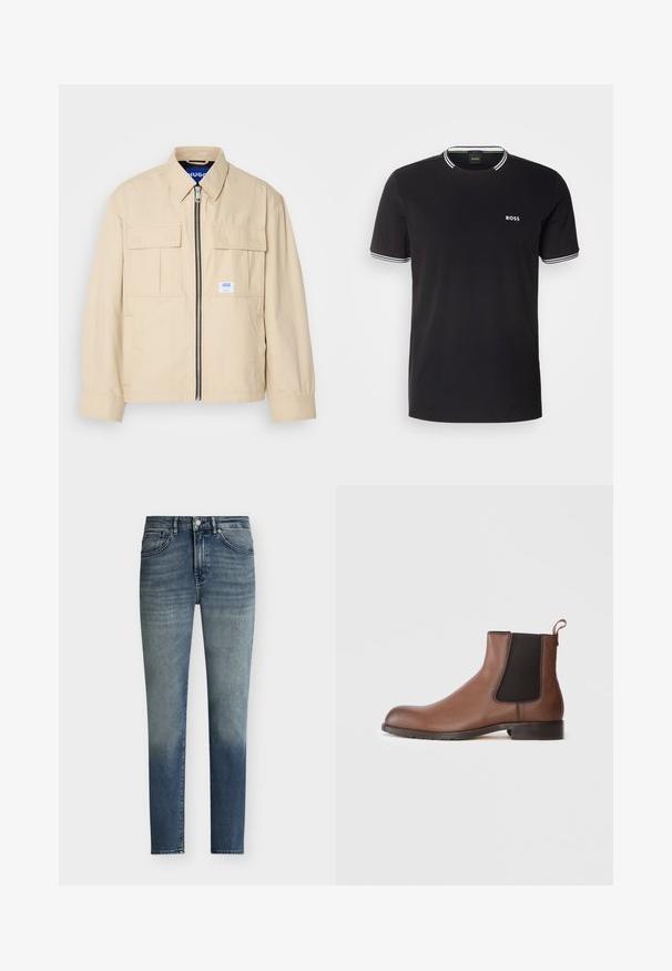 Veste beige avec fermeture éclair à l'avant, deux poches poitrine et une petite étiquette de marque. Fabriquée en tissu lisse et léger.; T-shirt en coton noir avec bord blanc au col et aux manches, portant un petit logo blanc "BOSS" sur la poitrine gauche.; Jean bleu slim pour homme avec des détails subtils de délavage, fermeture par boutons et design cinq poches.; Bottines Chelsea en cuir marron avec une finition texturée, des panneaux latéraux élastiques et une languette. Elles disposent d'une semelle en caoutchouc pour une meilleure adhérence.