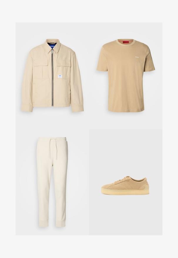 Beige jakk, millel on esiküljel tõmblukk, kaks rinna taskut ja väike brändi silt. Valmistatud siledast, kergest kangast.; Beige puuvillane t-särk, millel on ümmargune kaelus, lühikesed varrukad ja väike valge "HUGO" logo rinnal. Sile tekstuur ilma mustriteta.; Kreemjat lõhikudega dressipüksid elastse vöökoha, reguleeritava paela ja mansettidega ankle'idega, valge tausta ees.; Beežist seemisnahast madalad tossud paksu kummipõhjaga, ees paeltega ja peene küljesildi kujundusega, neutraalsel heledal hallil taustal.