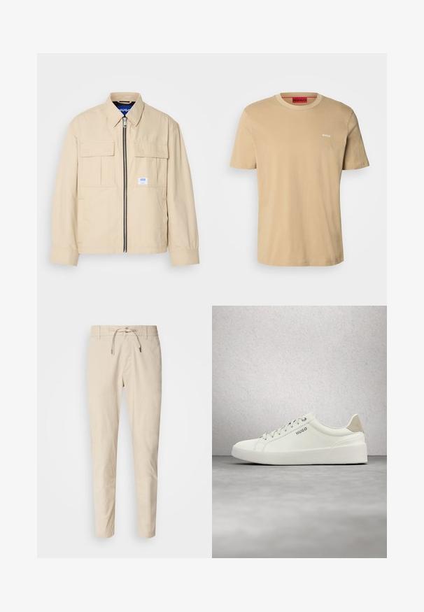 Veste beige avec fermeture éclair à l'avant, deux poches poitrine et une petite étiquette de marque. Fabriquée en tissu lisse et léger.; T-shirt en coton beige avec un col rond, des manches courtes et un petit logo blanc "HUGO" sur la poitrine. Texture lisse sans motifs.; Pantalons beige clair avec une texture de tissu lisse, taille élastique et cordon de serrage ajustable. Design à jambes fuselées. Aucune motif visible.; Baskets blanches basses avec lacets et languette de talon beige, marquées "HUGO", flottant au-dessus d'un sol en béton poli près d'un mur en blocs de verre.