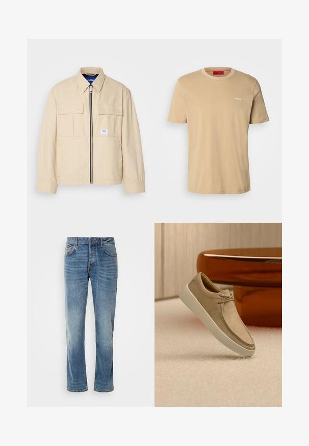Veste beige avec fermeture éclair à l'avant, deux poches poitrine et une petite étiquette de marque. Fabriquée en tissu lisse et léger.; T-shirt en coton beige avec un col rond, des manches courtes et un petit logo blanc "HUGO" sur la poitrine. Texture lisse sans motifs.; Jean en denim bleu clair avec des jambes droites, cinq poches, des coutures contrastantes et une finition délavée. Dispose d'un bouton et d'un zip pour le maintien.; Baskets en daim beige avec semelle épaisse blanche et lacets, positionnées sur un tapis beige texturé avec une table ronde brune brillante en arrière-plan.