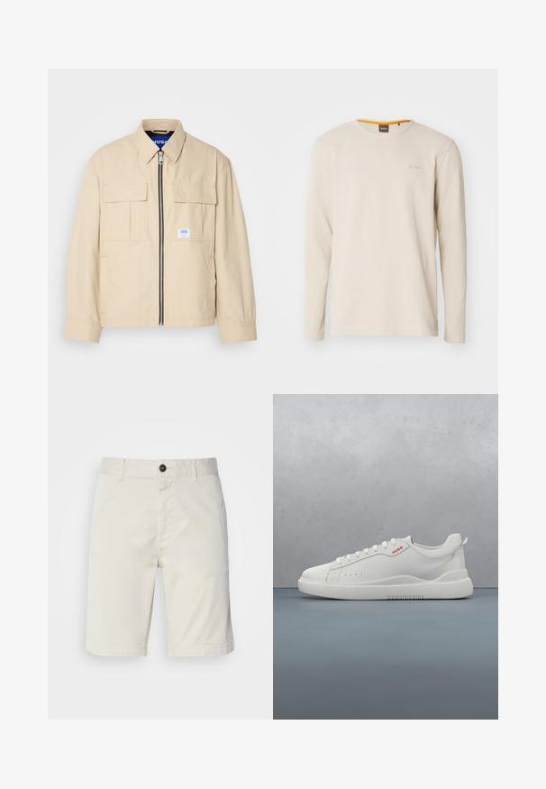 Beige Jacke mit einem Frontreißverschluss, zwei Brusttaschen und einem kleinen Markenetikett. Hergestellt aus einem glatten, leichten Stoff.; Helles beige Langarm-T-Shirt aus strukturiertem Stoff. Mit Rundhalsausschnitt und einem kleinen Logo auf der Brust, das einen orangefarbenen Akzent im Kragen aufweist.; Helle beige Shorts aus Baumwolle, mit einem Knopfverschluss, Vordertaschen und abgestepptem Saum. Glatte Textur mit einem lässigen Design.; Weiße Sneaker aus glattem Leder, runde Spitze, vier Ösen, dezente Perforationen und ein rotes Logodetail an der Seite.