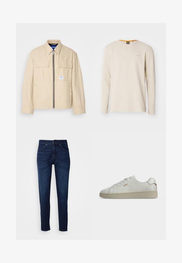 Beige Jacke mit einem Frontreißverschluss, zwei Brusttaschen und einem kleinen Markenetikett. Hergestellt aus einem glatten, leichten Stoff.; Helles beige Langarm-T-Shirt aus strukturiertem Stoff. Mit Rundhalsausschnitt und einem kleinen Logo auf der Brust, das einen orangefarbenen Akzent im Kragen aufweist.; Dunkelblaue Jeans aus Denim mit geradem Bein, ausgestattet mit Taschen und einem Knopfverschluss an der Taille. Weiche Textur, minimale Ausbleichungen.; Weißer Sneaker mit niedrigem Schaft, beiger Sohle, goldenem "HUGO"-Logo an der Seite und rotem Akzent an der Fersenschlaufe, im Seitenprofil dargestellt.