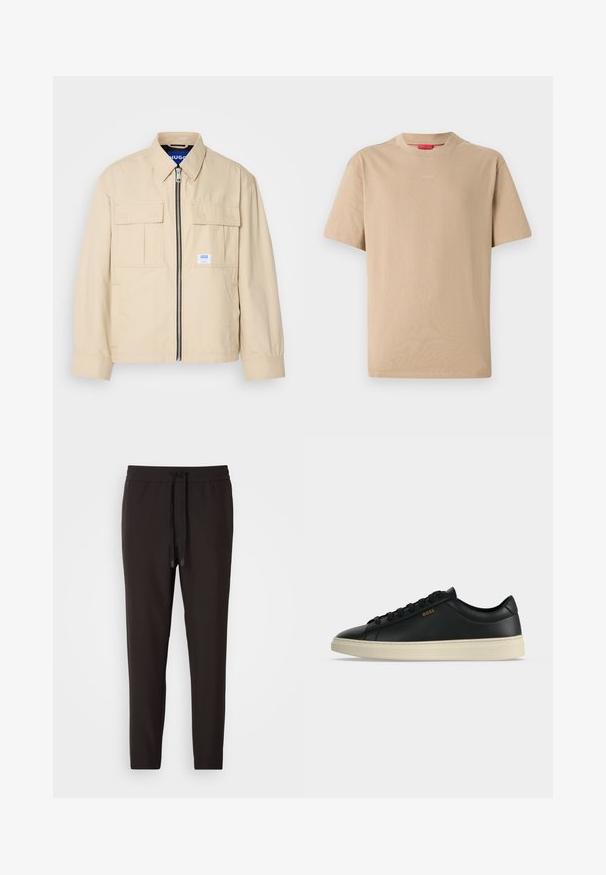 Beige jakke med lynlås foran, to brystlommer og en lille brandingetiket. Fremstillet af et glat, let materiale.; Beige bomulds T-shirt med korte ærmer, rund halsudskæring og subtilt "HUGO" logo i midten. Glat overflade, afslappet pasform.; Sorte joggingbukser lavet af blødt stof, med en elastisk bæltelås og snor, tætsiddende ben og uden synlige mønstre eller udsmykninger.; Sort lavtop lædersneaker med hvid sål, sorte snørebånd og lille gyldent BOSS-logo på siden.