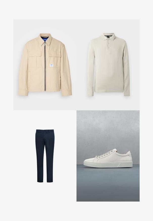 Chaqueta beige con cremallera frontal, dos bolsillos en el pecho y una pequeña etiqueta de marca. Fabricada en una tela suave y ligera.; Camisa polo de manga larga en beige claro, fabricada con tela suave. Cuenta con cuello, tapeta de tres botones y un sutil bordado de logotipo en el pecho.; Pantalones chinos azul marino con textura suave, corte ajustado, trabillas para cinturón, bolsillos frontales y cierre con botón. Diseño limpio y detalles mínimos.; Zapatilla blanca de cuero con punta redondeada, diseño minimalista, cordones grises y suela de goma texturizada gris. Detalles de costura sutiles visibles.