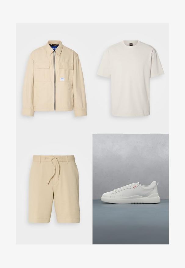 Chaqueta beige con cremallera frontal, dos bolsillos en el pecho y una pequeña etiqueta de marca. Fabricada en una tela suave y ligera.; Camiseta de manga corta y cuello redondo en algodón color blanco roto, con un corte recto y un logo minimalista en el cuello. Textura suave, sin patrones.; Pantalones cortos beige de tela texturizada, con cintura elástica y cordón ajustable, y bolsillos laterales para mayor funcionalidad.; Zapatilla blanca con un acabado de cuero liso, punta redonda, cuatro ojales, perforaciones sutiles y un detalle de logo rojo en el lateral.