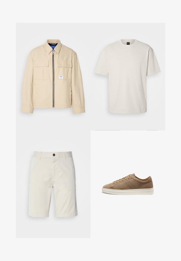 Chaqueta beige con cremallera frontal, dos bolsillos en el pecho y una pequeña etiqueta de marca. Fabricada en una tela suave y ligera.; Camiseta de manga corta y cuello redondo en algodón color blanco roto, con un corte recto y un logo minimalista en el cuello. Textura suave, sin patrones.; Shorts de color beige claro fabricados en algodón, con cierre de botón, bolsillos delanteros y dobladillo cosido. Textura suave con un diseño casual.; Zapatilla beige de ante de caña baja con cordones delanteros y suela de goma blanca, vista lateral, costuras mínimas y logo de la marca en relieve.