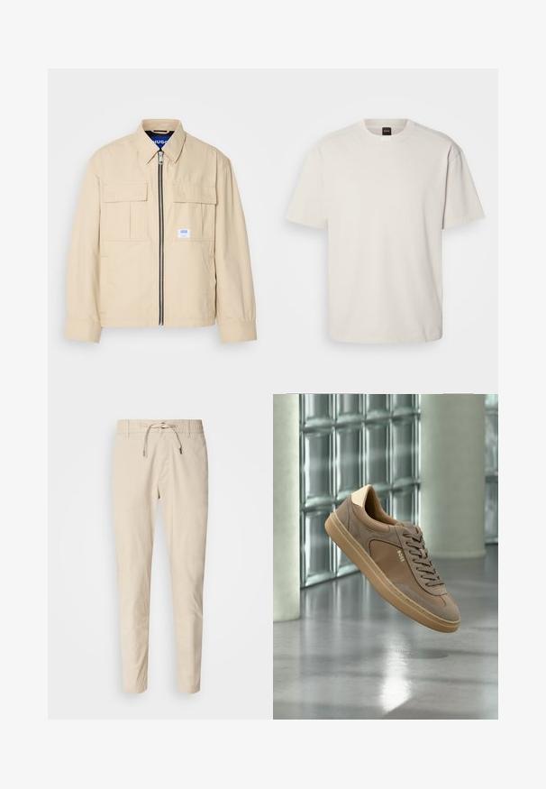 Beige jakke med lynlås foran, to brystlommer og en lille brandingetiket. Fremstillet af et glat, let materiale.; Kortærmet, crew-neck t-shirt i off-white bomuld med lige snit og minimal branding på kraven. Blød tekstur, uden mønstre.; Lys beige bukser med en glat stoftekstur, elastisk talje og justerbar snor. Taperet ben-design. Ingen synlige mønstre.; Beige casual sneaker med snørebånd og "BOSS"-logo, som svæver over en poleret betongulv med glasblokvæg i baggrunden.
