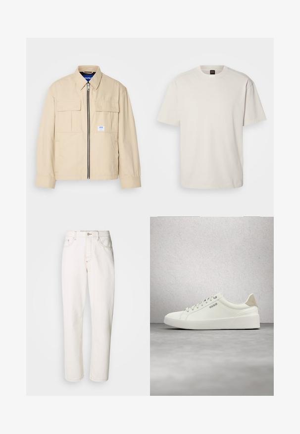 Beige jakke med lynlås foran, to brystlommer og en lille brandingetiket. Fremstillet af et glat, let materiale.; Kortærmet, crew-neck t-shirt i off-white bomuld med lige snit og minimal branding på kraven. Blød tekstur, uden mønstre.; Hvide denimbukser med lige ben design, der har stikninger, metalknaplukning og standard femlomme konstruktion.; Hvid lav sneaker med snørebånd og beige hælflap med mærket "HUGO," svævende over en poleret betonflade nær en glasblokvæg.