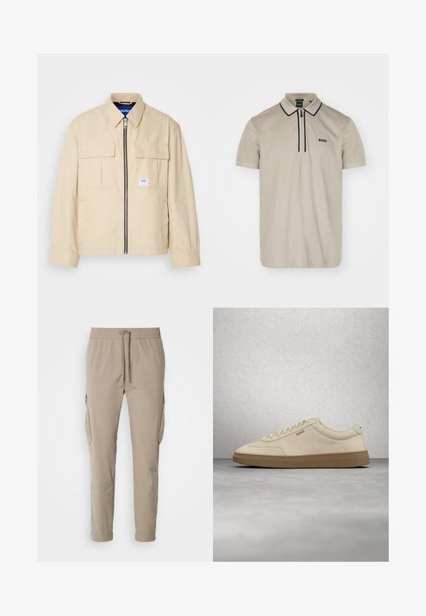 Chaqueta beige con cremallera frontal, dos bolsillos en el pecho y una pequeña etiqueta de marca. Fabricada en una tela suave y ligera.; Polo shirt de color beige claro, hecho de algodón, con una tapa de cremallera y un ribete oscuro en contraste, con un discreto logo "BOSS" en el lado izquierdo del pecho.; Pantalones cargo beige con cintura elástica y cordón. Presenta bolsillos laterales y un diseño de pierna ajustada, fabricados en tela ligera.; Zapatilla de ante beige claro con suela de goma color caramelo, cordones prominentes y detalles de costura sutiles. Diseño limpio con una estética minimalista.