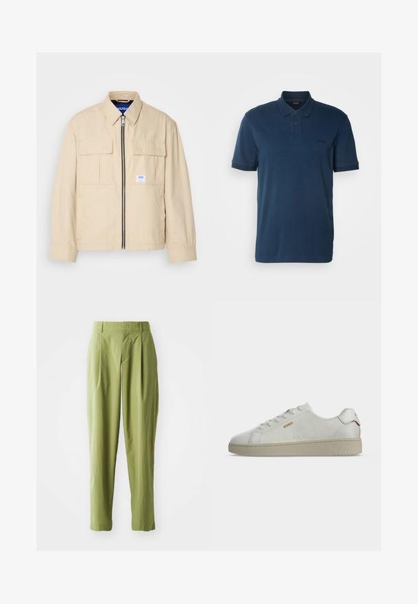 Chaqueta beige con cremallera frontal, dos bolsillos en el pecho y una pequeña etiqueta de marca. Fabricada en una tela suave y ligera.; BOSS Polo - open blue; Pantalones verdes claros hechos de una tela texturizada, con una forma recta, pliegues en la parte frontal y una cinturilla estándar.; Zapatilla blanca de caña baja con suela beige, logo dorado "HUGO" en el lateral y detalle rojo en la lengüeta del talón, mostrada en perfil lateral.