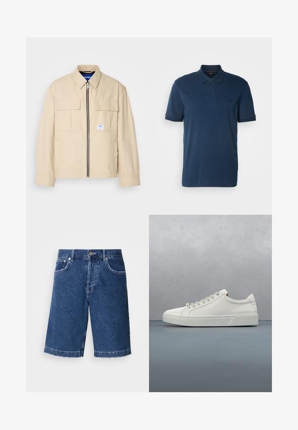 Beige Jacke mit einem Frontreißverschluss, zwei Brusttaschen und einem kleinen Markenetikett. Hergestellt aus einem glatten, leichten Stoff.; BOSS Poloshirt - open blue; Jeansshorts in Dunkelblau, mit geradem Schnitt, zwei vorderen Taschen und einer klassischen Knopfleiste. Genähter Saum mit leichter Ausbleichung.; Weißes Leder-Sneaker mit abgerundetem Zehenbereich, minimalistisches Design, graue Schnürsenkel und einer strukturierten grauen Gummisohle. Dezente Nähte sichtbar.