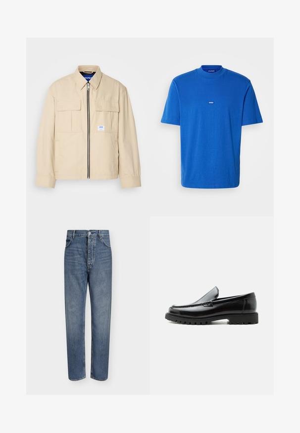 Beige jas met een voorkleurige rits, twee borstzakken en een klein merkembleem. Gemaakt van een gladde, lichtgewicht stof.; Blauwe katoenen T-shirt met korte mouwen, een ronde hals en een klein logo-embleem op de borst. Glad textuur met een relaxte pasvorm.; Blauwe denim jeans met rechte pijpen, hoge taille, knoopsluiting aan de voorkant en vijfzakkenontwerp op een effen lichte achtergrond.; Zwarte leren loafer met dikke rubberen zool, gestikte bovenkant en gegraveerde merknaam op de hiel, zijaanzicht op witte achtergrond.