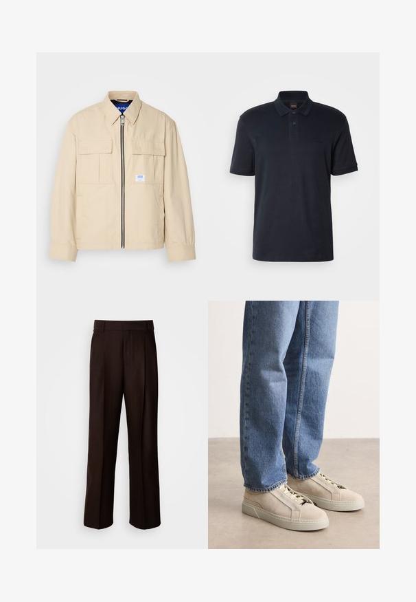 Beige jakke med lynlås foran, to brystlommer og en lille brandingetiket. Fremstillet af et glat, let materiale.; Marineblå polo skjorte lavet af bomuld, med klassisk krave, korte ærmer og et subtilt logo på brystet. Glat tekstur.; Brune skræddersyede bukser med lige ben, featuring en frontfold, glat texture og klassisk talje. Egnet til formelt brug.; BOSS GARYTENN_SDHDEL - Sneakers - natural ten