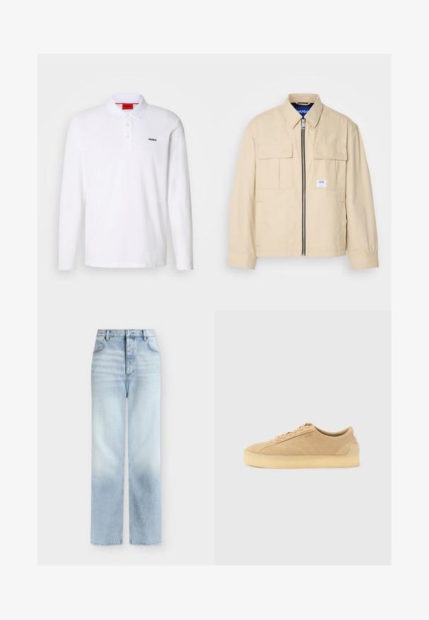 Beige jas met een voorkleurige rits, twee borstzakken en een klein merkembleem. Gemaakt van een gladde, lichtgewicht stof.; Witte lange mouwen polo-shirt gemaakt van katoen, met een kraag, een drie-knops sluiting en een zwart "HUGO" logo op de linkerborst.; Lichtblauwe, hoog getailleerde, rechte jeans met voorzakken, riemlussen en een knoopsluiting.; Beige suède lage sneaker met dikke gumzool, vetersluiting aan de voorkant en subtiele zijkant branding op een effen lichtgrijze achtergrond.
