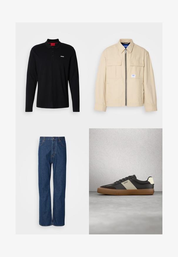 Beige jakke med lynlås foran, to brystlommer og en lille brandingetiket. Fremstillet af et glat, let materiale.; Sort langærmet polo skjorte lavet af bomuld, med en rød krave og tre-knap lukning, samt et hvidt "HUGO" logo på brystet.; Blå denim jeans med lige ben, der har en knaplukning, fem lommer og kontraststikninger langs sømmene.; Sort og brun sneaker med beige stribe og "BOSS"-logo, svævende over gråt betongulv og baggrund med glassblokvæg.