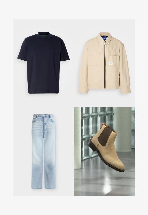 Beige Jacke mit einem Frontreißverschluss, zwei Brusttaschen und einem kleinen Markenetikett. Hergestellt aus einem glatten, leichten Stoff.; Marineblaues T-Shirt mit hohem Ausschnitt und kurzen Ärmeln. Hergestellt aus weichem Stoff, mit einem schlichten Design ohne Muster oder Verzierungen.; Hellblaue, hoch taillierte Jeans mit geradem Bein, Fronttaschen, Gürtelschlaufen und einem Knopfverschluss.; Beiger Veloursleder-Chelsea-Stiefel mit dunkelbraunem elastischem Seiteneinsatz und Zuglasche, schwebend über einem reflektierenden, polierten Boden innen gezeigt.
