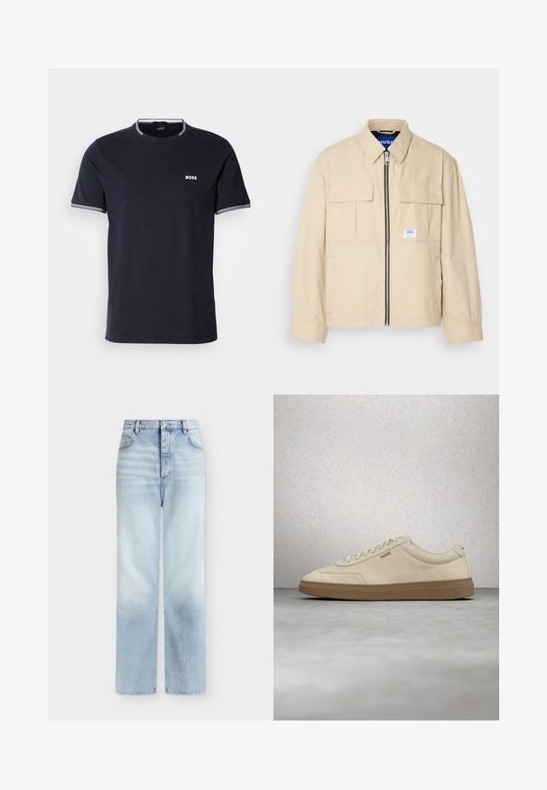 Veste beige avec fermeture éclair à l'avant, deux poches poitrine et une petite étiquette de marque. Fabriquée en tissu lisse et léger.; T-shirt en coton bleu marine avec un col rond, présentant des accents rayés blancs sur le col et les manches, et un petit logo blanc sur la poitrine.; Jeans bleu clair taille haute à jambes droites, avec poches avant, passants de ceinture et fermeture par bouton.; Baskets en daim beige clair avec une semelle en caoutchouc gomme, des lacets prononcés et des détails de couture subtils. Design épuré avec une esthétique minimaliste.
