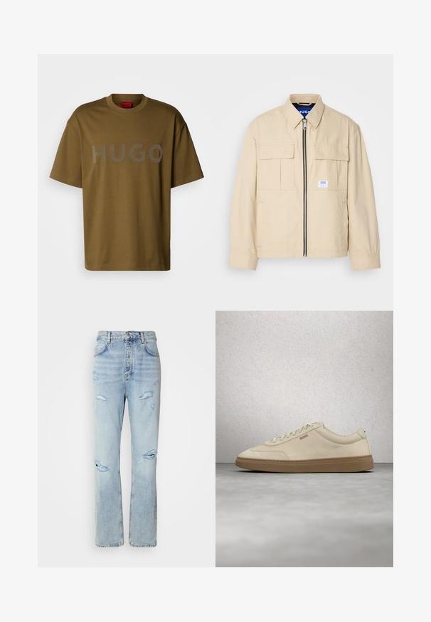 Beige Jacke mit einem Frontreißverschluss, zwei Brusttaschen und einem kleinen Markenetikett. Hergestellt aus einem glatten, leichten Stoff.; Olivgrünes Baumwoll-T-Shirt mit Rundhalsausschnitt und kurzen Ärmeln, das auf der Vorderseite mit einem großen grauen "HUGO"-Logo bedruckt ist.; Hellblaue Jeans mit legerer Passform, featuring distressed Stellen und fransigen Kanten. Der Stoff hat eine weiche, glatte Textur.; Hellbeiger Wildledersneaker mit Gummisohle, auffälligen Schnürsenkeln und dezenten Nahtdetails. Sauberes Design mit minimalistischem Ästhetik.