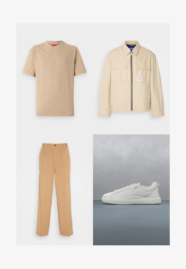 Veste beige avec fermeture éclair à l'avant, deux poches poitrine et une petite étiquette de marque. Fabriquée en tissu lisse et léger.; T-shirt en coton beige à manches courtes, col rond, avec un logo "HUGO" discret au centre. Texture lisse, coupe décontractée.; Pantalons larges beiges en tissu doux, dotés de deux poches avant, d'une fermeture à bouton et de plis le long des jambes.; Sneaker blanche avec une finition en cuir lisse, bout rond, quatre œillets, perforations subtiles et un détail de logo rouge sur le côté.
