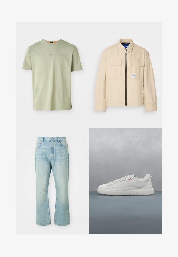 Chaqueta beige con cremallera frontal, dos bolsillos en el pecho y una pequeña etiqueta de marca. Fabricada en una tela suave y ligera.; Camiseta de manga corta verde oliva hecha de tela suave, con un cuello redondo y un pequeño logo "BOSS" impreso en el centro.; Jeans de mezclilla de color azul claro, acampanados y de cintura alta, con cinco bolsillos, trabillas para el cinturón y un acabado desgastado.; Zapatilla blanca con un acabado de cuero liso, punta redonda, cuatro ojales, perforaciones sutiles y un detalle de logo rojo en el lateral.
