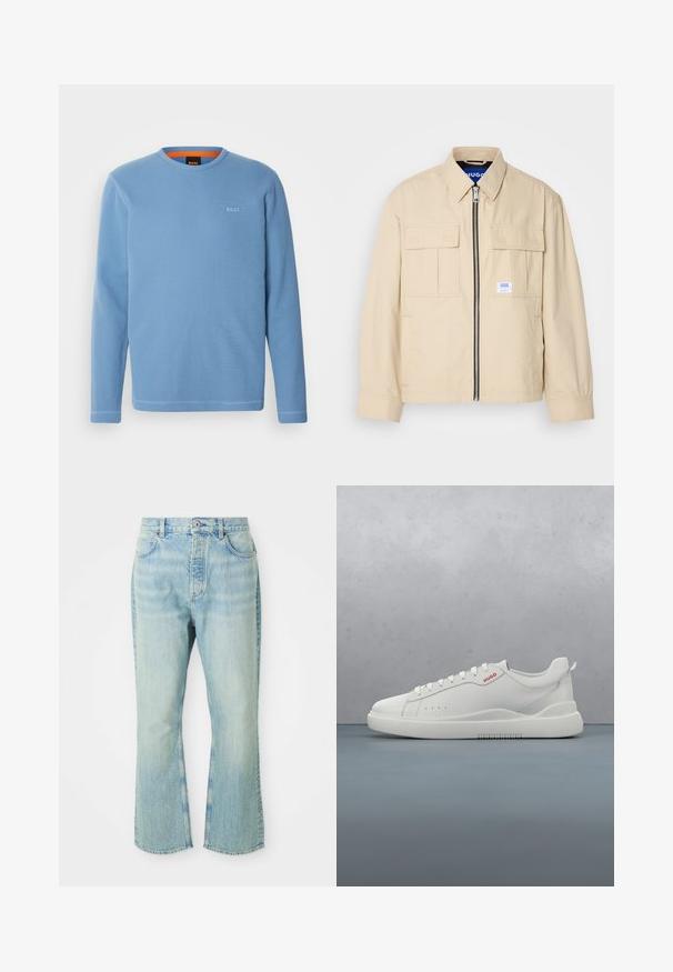 Veste beige avec fermeture éclair à l'avant, deux poches poitrine et une petite étiquette de marque. Fabriquée en tissu lisse et léger.; Chemise à manches longues bleu clair avec une texture côtelée. Elle présente un col rond et un petit logo "BOSS" brodé sur la poitrine.; Jeans évasés en denim bleu clair avec une taille haute, dotés de cinq poches, de passants de ceinture et d'une texture délavée.; Sneaker blanche avec une finition en cuir lisse, bout rond, quatre œillets, perforations subtiles et un détail de logo rouge sur le côté.