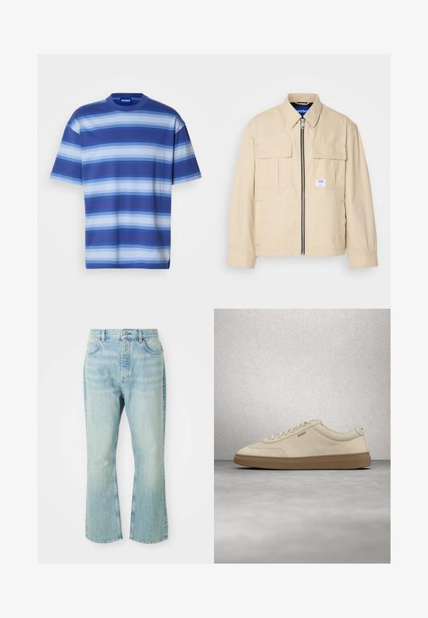 Beige Jacke mit einem Frontreißverschluss, zwei Brusttaschen und einem kleinen Markenetikett. Hergestellt aus einem glatten, leichten Stoff.; Kurzarm-T-Shirt aus Baumwolle mit horizontalen Streifen in verschiedenen Blautönen. Rundhalsausschnitt, lockere Passform und ein Etikett mit der Marke.; Hellblaue, ausgestellte Jean mit hoher Taille, ausgestattet mit fünf Taschen, Gürtelschlaufen und einem ausgewaschenen Denim-Look.; Hellbeiger Wildledersneaker mit Gummisohle, auffälligen Schnürsenkeln und dezenten Nahtdetails. Sauberes Design mit minimalistischem Ästhetik.