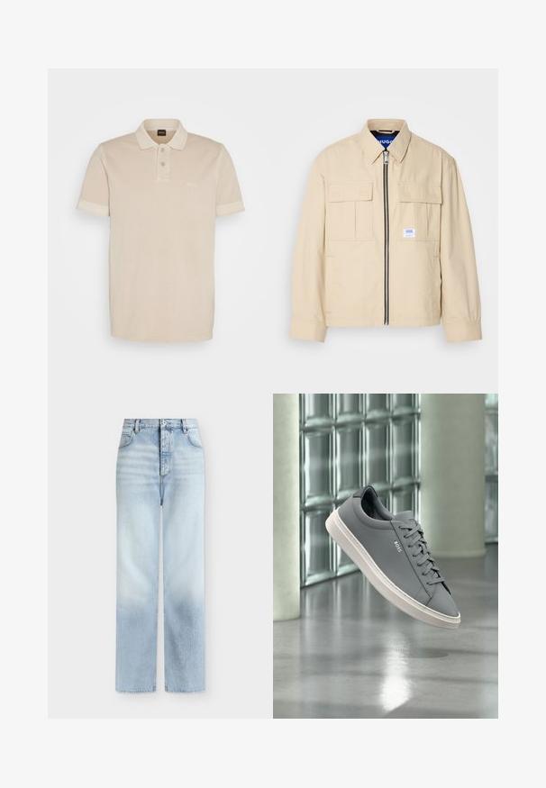 Beige Jacke mit einem Frontreißverschluss, zwei Brusttaschen und einem kleinen Markenetikett. Hergestellt aus einem glatten, leichten Stoff.; Beige Poloshirt aus weicher Baumwolle. Es verfügt über einen klassischen Kragen, zwei Knöpfe und ein kleines gesticktes Logo auf der Brust.; Hellblaue, hoch taillierte Jeans mit geradem Bein, Fronttaschen, Gürtelschlaufen und einem Knopfverschluss.; Grauer BOSS Sneaker mit weißer Sohle, geschnürt, schwebt drinnen vor einer Glassteinwand und poliertem Betonboden.