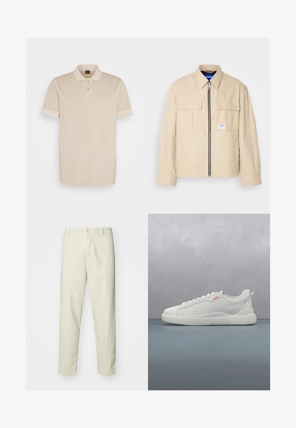 Vaaleanbeige takki, jossa on etuvetoketju, kaksi rintataskua ja pieni brändilogo. Valmistettu sileästä, kevyestä kankaasta.; Vaaleanbeige polo-paita, joka on valmistettu pehmeästä puuvillasta. Siinä on klassinen kaulus, kaksi nappia ja pieni brodeerattu logo rinnassa.; Vaaleanbeige puuvillahousut suoran lahkeen muotoilulla, joissa on edessä napitus ja tavalliset taskut, sileä pinta ja ilman kuvioita.; Valkoiset sneakerit, joissa on sileä nahkapinta, pyöreä kärki, neljä silmukkaa, huomaamattomat rei'itykset ja punainen logo yksityiskohta sivussa.