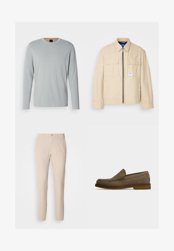 Chaqueta beige con cremallera frontal, dos bolsillos en el pecho y una pequeña etiqueta de marca. Fabricada en una tela suave y ligera.; Camiseta de manga larga gris claro con cuello redondo y sutil logo "BOSS" en el pecho, con ribete naranja en el interior del cuello, mostrada sobre fondo blanco.; Pantalones beige hechos de una tela suave, con cierre de botón, corte recto y bolsillos laterales. Textura suave con detalles de costura mínimos.; Mocasín marrón de ante con detalles cosidos, tacón bajo y diseño tipo slip-on sobre un fondo liso gris claro.