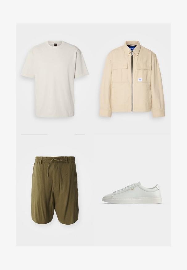 Beige jas met een voorkleurige rits, twee borstzakken en een klein merkembleem. Gemaakt van een gladde, lichtgewicht stof.; Korte mouwen, ronde hals t-shirt in off-wit katoen, met een rechte snit en minimale merkvermelding op de hals. Zachte textuur, geen patronen.; Olivengroene shorts van lichtgewicht stof, voorzien van een elastische waistband met een trekkoord en zijzakken voor extra gemak.; Witte lage leren sneaker met veters, platte zool en klein gouden "BOSS" logo aan de zijkant, gezien vanaf de buitenkant.