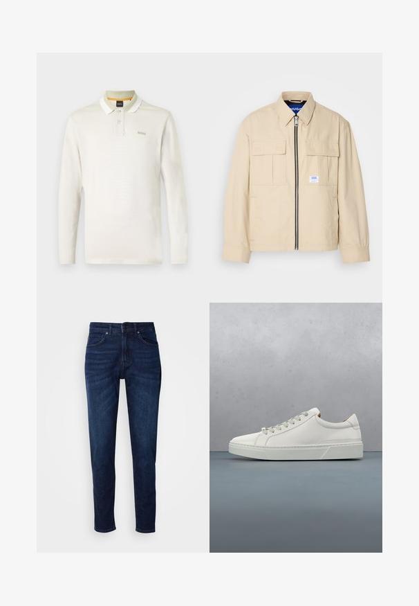 Beige Jacke mit einem Frontreißverschluss, zwei Brusttaschen und einem kleinen Markenetikett. Hergestellt aus einem glatten, leichten Stoff.; Langärmliges Poloshirt in hellem Creme, aus weichem Baumwollmaterial. Verfügt über einen weißen Kragen, eine Zwei-Knopf-Leiste und ein dezentes Markenlogo auf der Brust.; Dunkelblaue Jeans aus Denim mit geradem Bein, ausgestattet mit Taschen und einem Knopfverschluss an der Taille. Weiche Textur, minimale Ausbleichungen.; Weißes Leder-Sneaker mit abgerundetem Zehenbereich, minimalistisches Design, graue Schnürsenkel und einer strukturierten grauen Gummisohle. Dezente Nähte sichtbar.