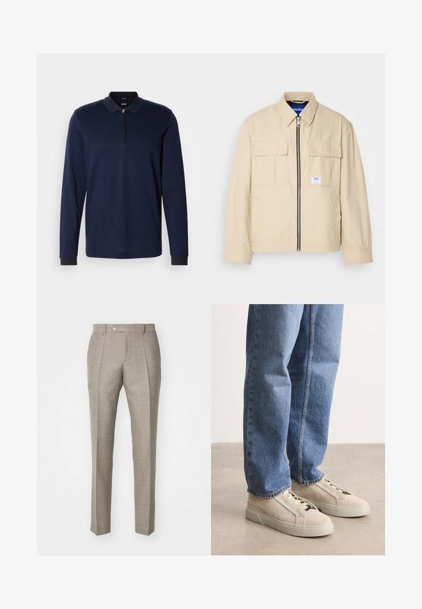 Beige Jacke mit einem Frontreißverschluss, zwei Brusttaschen und einem kleinen Markenetikett. Hergestellt aus einem glatten, leichten Stoff.; Marineblaues Langarm-Polohemd mit Reißverschlusskragen, strukturiertem Stoff und kontrastierendem dunklem Kragenbesatz. Verfügt über eng anliegende Bündchen und ein dezentes Muster.; Beige maßgeschneiderte Hose mit strukturiertem Finish, ausgestattet mit einem Knopfverschluss und zwei Seitentaschen. Strukturierter Entwurf mit geradem Bein-Silhouette.; BOSS GARYTENN_SDHDEL - Sneaker low - natural ten