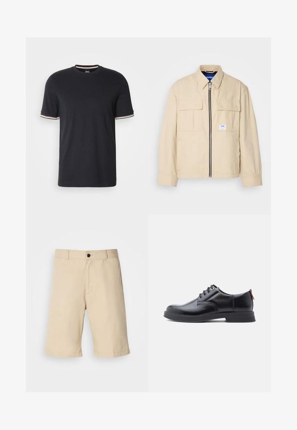 Veste beige avec fermeture éclair à l'avant, deux poches poitrine et une petite étiquette de marque. Fabriquée en tissu lisse et léger.; T-shirt en coton noir avec un col rond, des manches courtes et des accents rayés en blanc, orange et bleu au niveau des poignets.; Shorts beiges en tissu léger, avec une taille plate, une taille standard avec fermeture à bouton, et un ourlet droit.; Chaussures en cuir noir à lacets avec une texture lisse, un bout arrondi et des détails de couture discrets. Présentent une languette rouge à l'arrière.