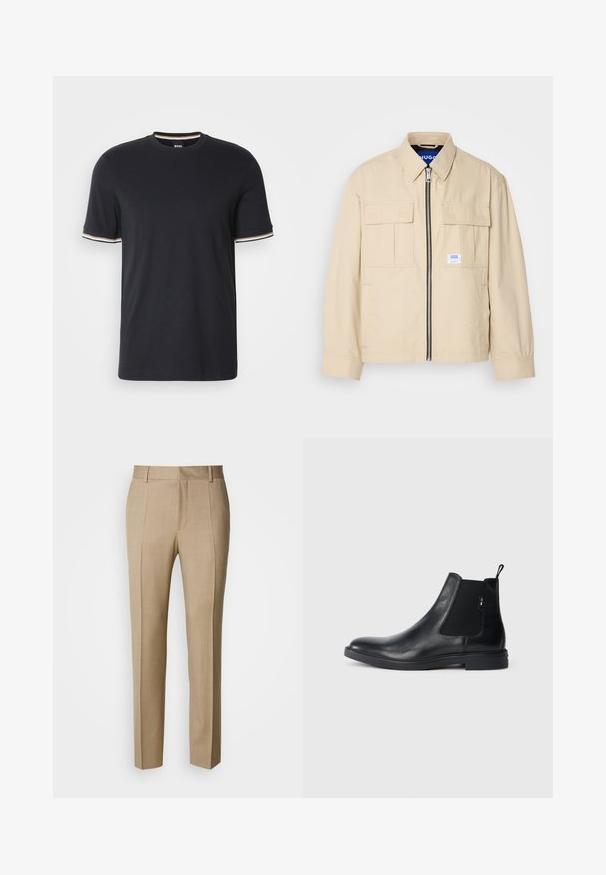 Beige Jacke mit einem Frontreißverschluss, zwei Brusttaschen und einem kleinen Markenetikett. Hergestellt aus einem glatten, leichten Stoff.; Schwarzes Baumwoll-T-Shirt mit Rundhalsausschnitt und kurzen Ärmeln, die an den Bündchen mit gestreiften Akzenten in Weiß, Orange und Blau versehen sind.; Beige maßgeschneiderte Hose mit strukturierter Stoffqualität, flacher Front und geraden Beinen. Verfügt über Seitentaschen und Gürtelschlaufen und bietet einen eleganten Look.; Schwarze Leder Chelsea-Boots mit elastischen seitlichen Einsätzen, einer Zugschlaufe und einer flachen Gummisohle. Glatte Textur mit minimaler Ausgestaltung.