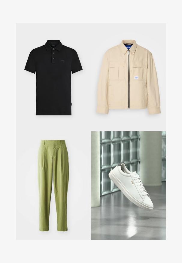 Beige jakke med lynlås foran, to brystlommer og en lille brandingetiket. Fremstillet af et glat, let materiale.; Sort slim-fit polo skjorte med tre knapper, korte ærmer og diskret "BOSS" logo på brystet og indersiden af kraven.; Lys grønne bukser lavet af et struktureret stof, med en lige form, folder foran og en standard talje.; Hvid læder lav-top sneaker med snørebånd, sort hælflig og "BOSS"-logo, svævende indendørs nær glasblok væg og poleret gulv.