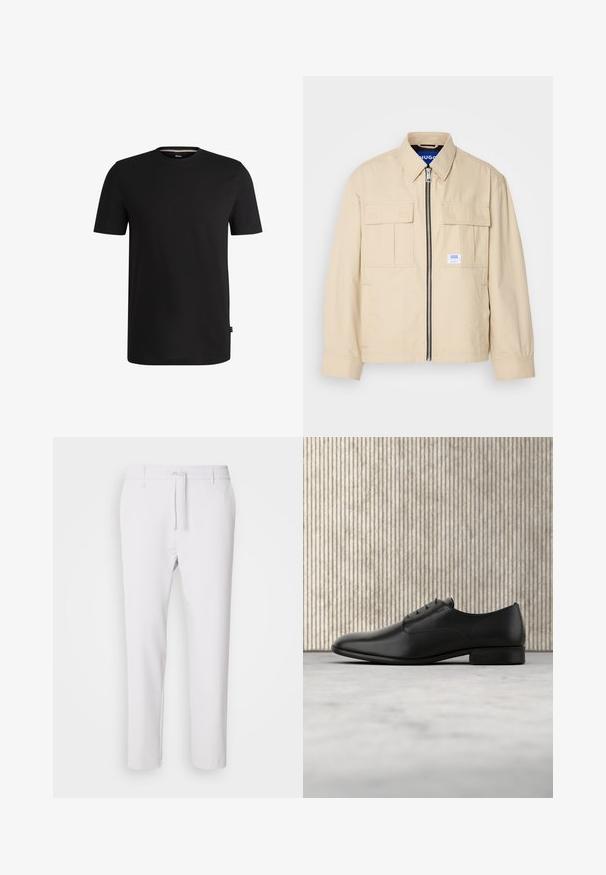 Chaqueta beige con cremallera frontal, dos bolsillos en el pecho y una pequeña etiqueta de marca. Fabricada en una tela suave y ligera.; Camiseta corta negra de algodón suave con cuello redondo. Presenta una sutil etiqueta de la marca en el lado izquierdo cerca del dobladillo.; Pantalones blancos ajustados con cintura elástica, cierre de cordón, textura suave y sin patrones ni acentos visibles.; Zapato de vestir de cuero negro con un diseño elegante, punta redonda, cinco ojales para los cordones y un pequeño tacón elevado. Detalle de logo sutilmente embossado.