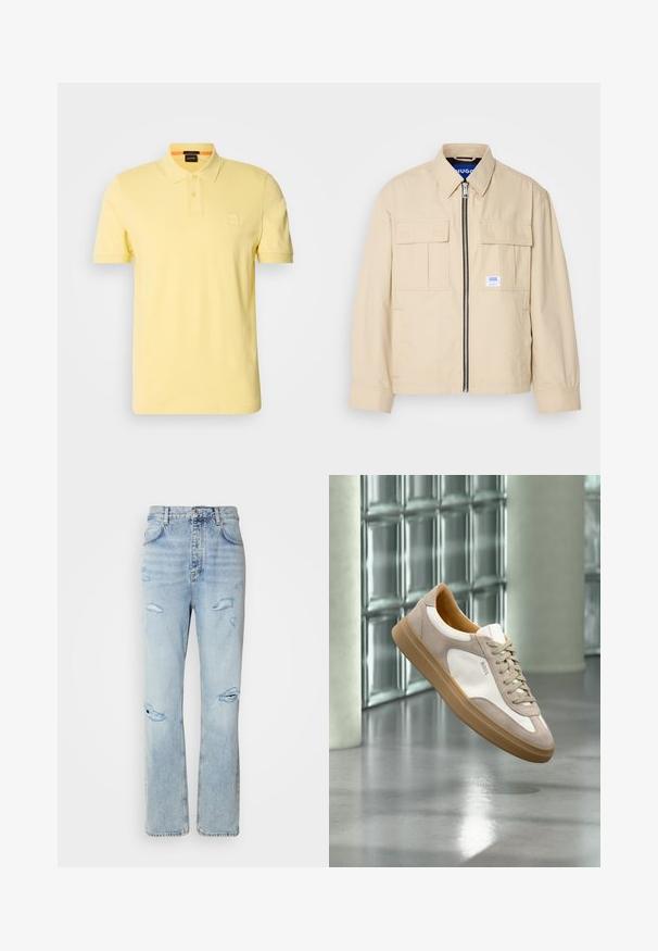 Beige Jacke mit einem Frontreißverschluss, zwei Brusttaschen und einem kleinen Markenetikett. Hergestellt aus einem glatten, leichten Stoff.; Gelbes Poloshirt aus Baumwollmischung, mit einer dreiknopfigen Blende und einem kleinen Logo-Patch auf der linken Brust. Kurze Ärmel.; Hellblaue Jeans mit legerer Passform, featuring distressed Stellen und fransigen Kanten. Der Stoff hat eine weiche, glatte Textur.; Beiger und weißer Sneaker mit brauner Sohle und „BOSS“-Logo, schwebend über einem reflektierenden glatten Boden mit Wand aus Glasbausteinen im Hintergrund.