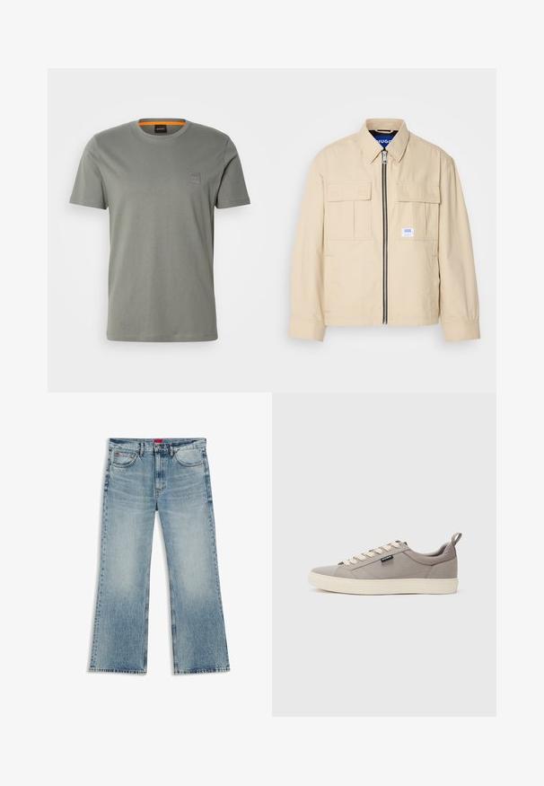 Veste beige avec fermeture éclair à l'avant, deux poches poitrine et une petite étiquette de marque. Fabriquée en tissu lisse et léger.; T-shirt en coton gris à manches courtes et encolure ronde. Il présente un petit badge logo carré sur la partie gauche de la poitrine dans une couleur assortie.; Jean en denim bleu clair délavé avec une coupe droite, design cinq poches, fermeture par bouton et étiquettes en tissu rouge sur la ceinture avant et la poche.; Baskets en toile grises avec un bout arrondi, lacets beiges et semelle en caoutchouc beige contrastante. Comprend une languette à l'arrière et une étiquette de marque sur le côté.