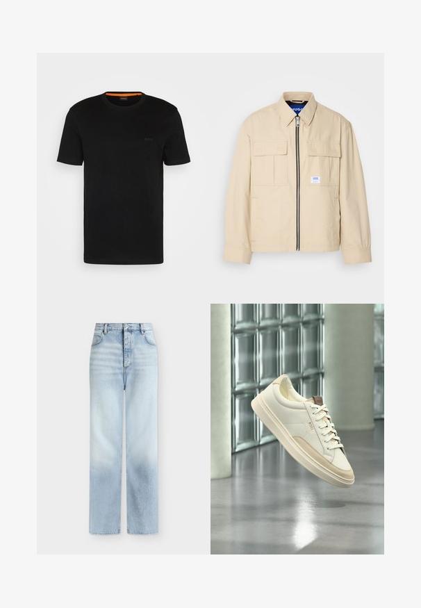 Veste beige avec fermeture éclair à l'avant, deux poches poitrine et une petite étiquette de marque. Fabriquée en tissu lisse et léger.; T-shirt noir à manches courtes fabriqué en tissu doux, avec un col rond et un logo discret à l'avant. Le col intérieur comporte un accent orange.; Jeans bleu clair taille haute à jambes droites, avec poches avant, passants de ceinture et fermeture par bouton.; Sneaker blanc à tige basse avec des accents beiges et des lacets, de la marque « BOSS », flottant au-dessus d’un sol poli avec un mur en blocs de verre en arrière-plan.