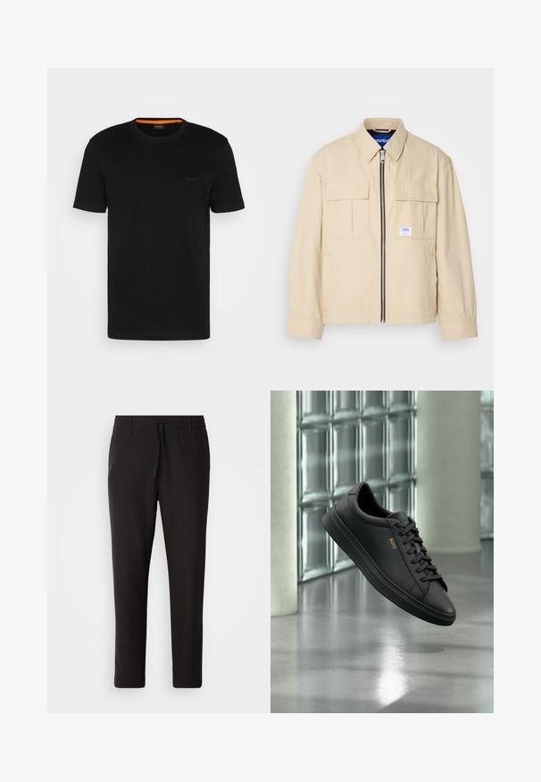 Veste beige avec fermeture éclair à l'avant, deux poches poitrine et une petite étiquette de marque. Fabriquée en tissu lisse et léger.; T-shirt noir à manches courtes fabriqué en tissu doux, avec un col rond et un logo discret à l'avant. Le col intérieur comporte un accent orange.; Pantalons de jogging noirs en tissu lisse. Dotés d'une taille élastique avec cordon de serrage, jambes fuselées, et sans poches visibles. Design simple.; Baskets basses en cuir noir avec lacets noirs et logo BOSS doré sur le côté, flottant au-dessus d’un sol gris brillant dans un espace intérieur moderne.