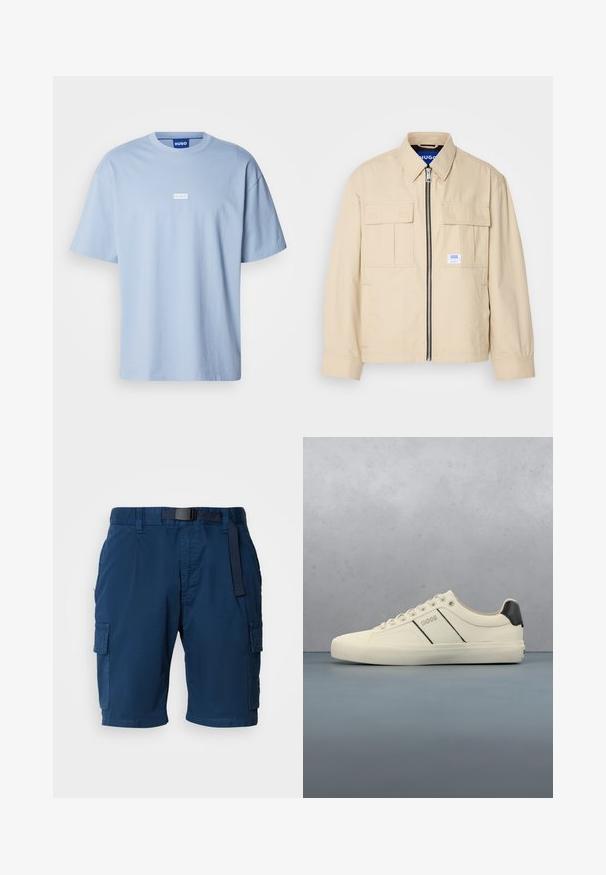 Chaqueta beige con cremallera frontal, dos bolsillos en el pecho y una pequeña etiqueta de marca. Fabricada en una tela suave y ligera.; Camiseta de manga corta azul claro hecha de algodón, con cuello redondo y un logo rectangular blanco en el centro del frente.; Shorts cargo azul marino fabricados con tejido ligero, que cuentan con cintura con cinturón, bolsillos laterales y una textura sutil.; Zapatillas de color crema con una textura suave, que presentan acentos y marcas en negro. Diseño clásico de cordones con punta redonda y suela de goma.