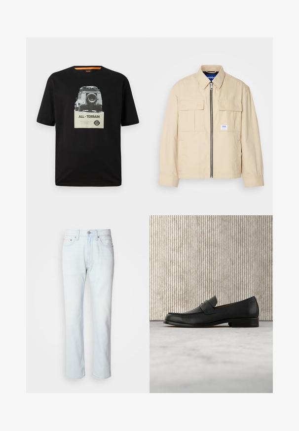 Beige jakke med lynlås foran, to brystlommer og en lille brandingetiket. Fremstillet af et glat, let materiale.; Sort bomulds T-shirt med rund hals, der har et grafisk print af et klassisk køretøj og teksten "ALL - TERRAIN" på brystet.; Lyseblå denimjeans med lige ben. Har en knaplukning og bæltestropper, viser en falmet tekstur og minimal syning.; Sort lædersko i loafer-stil svæver over et beige tæppe med et blankt brunt rundt bord i baggrunden.