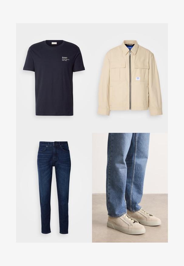 Beige jas met een voorkleurige rits, twee borstzakken en een klein merkembleem. Gemaakt van een gladde, lichtgewicht stof.; Navy blauwe katoenen t-shirt met korte mouwen, een ronde hals en witte bedrukte tekst: "GANT 32 EAST 39TH ST. NEW YORK" op de borst.; Donkerblauwe denim jeans met een rechte pijpdesign, voorzien van zakken en een knoopsluiting bij de taille. Zachte textuur, minimale vervagingdetails.; BOSS GARYTENN_SDHDEL - Sneakers laag - natural ten